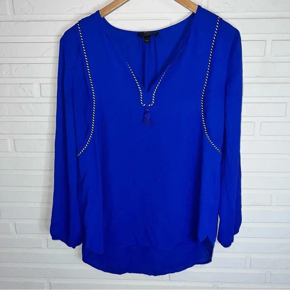 J. Crew Blue Tassel Trim V-Neck Long Sleeve Blouse, Women’s Size 0